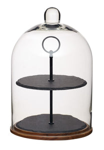 Masterclass Two Tier Slate Serving Set with Glass Dome and Wooden Base 22x31cm