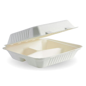 White BioCane Clamshell 3-Compartment 9x9x3" (200)